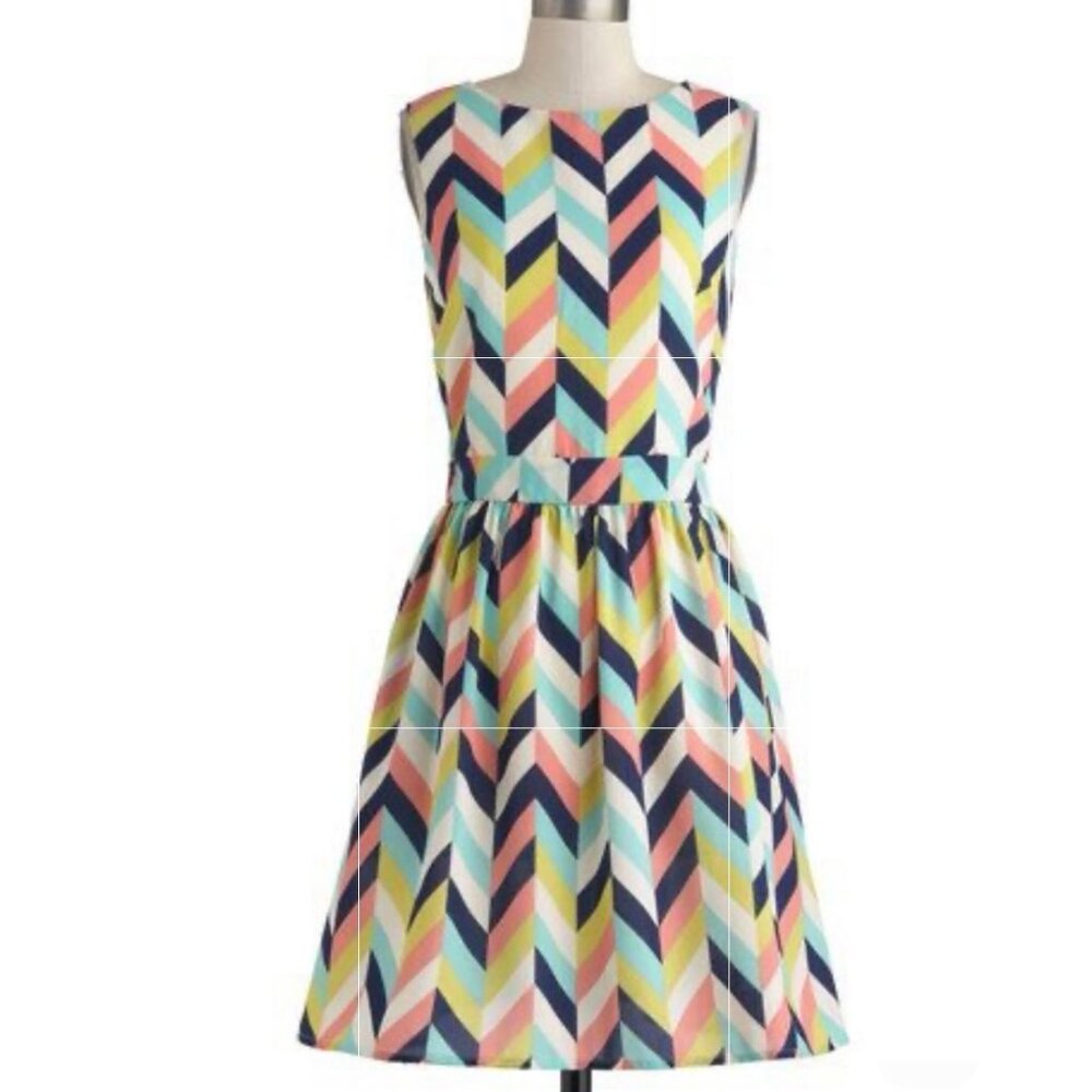 Louche Carys Chevron Dress in Pink, Green, Yellow , Navy Blue and White